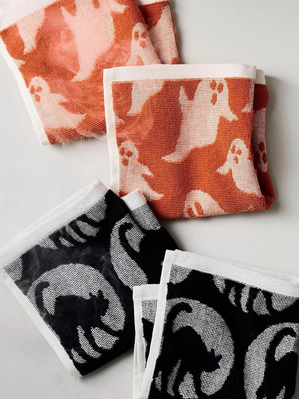 Halloween Ghost & Cat Dish Towels - Orange & Black